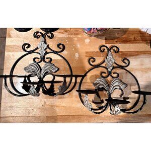 Ornate Black Leaf Wrought Metal Iron Triple Pillar Candle Wall Sconce Holder